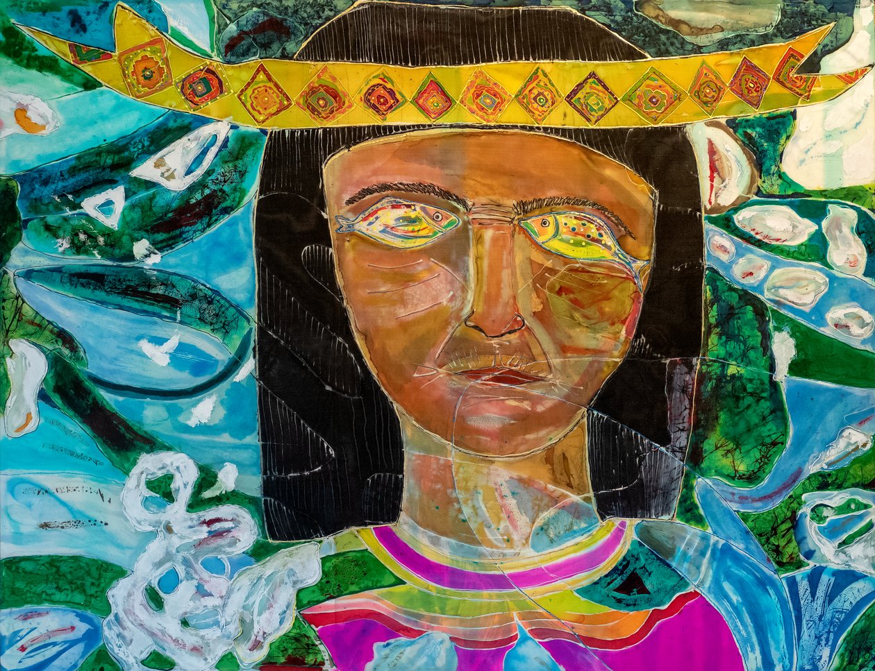 Amazonas-Sámán Olivia Arevalo, 2022 (festés és festék selyemre) alkotó: Hilary Simon