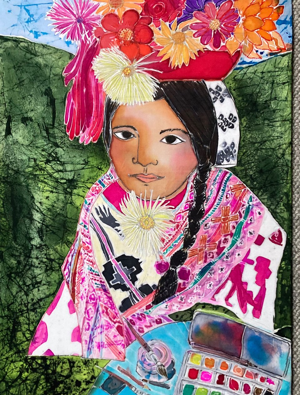 Girl from Helloc, Peru, 2023 (festékek selyemre) alkotó: Hilary Simon