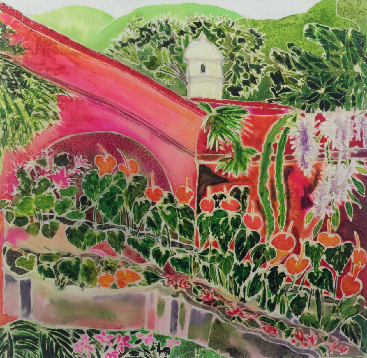 In Our Garden, Antigua (színes tinták selyemen) alkotó: Hilary Simon