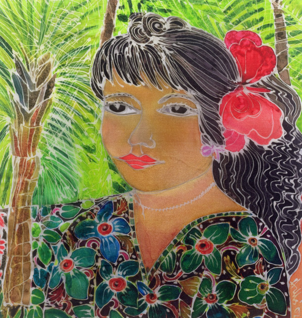 Hibiszkuszos hölgy (színes tinta selyemre) alkotó: Hilary Simon