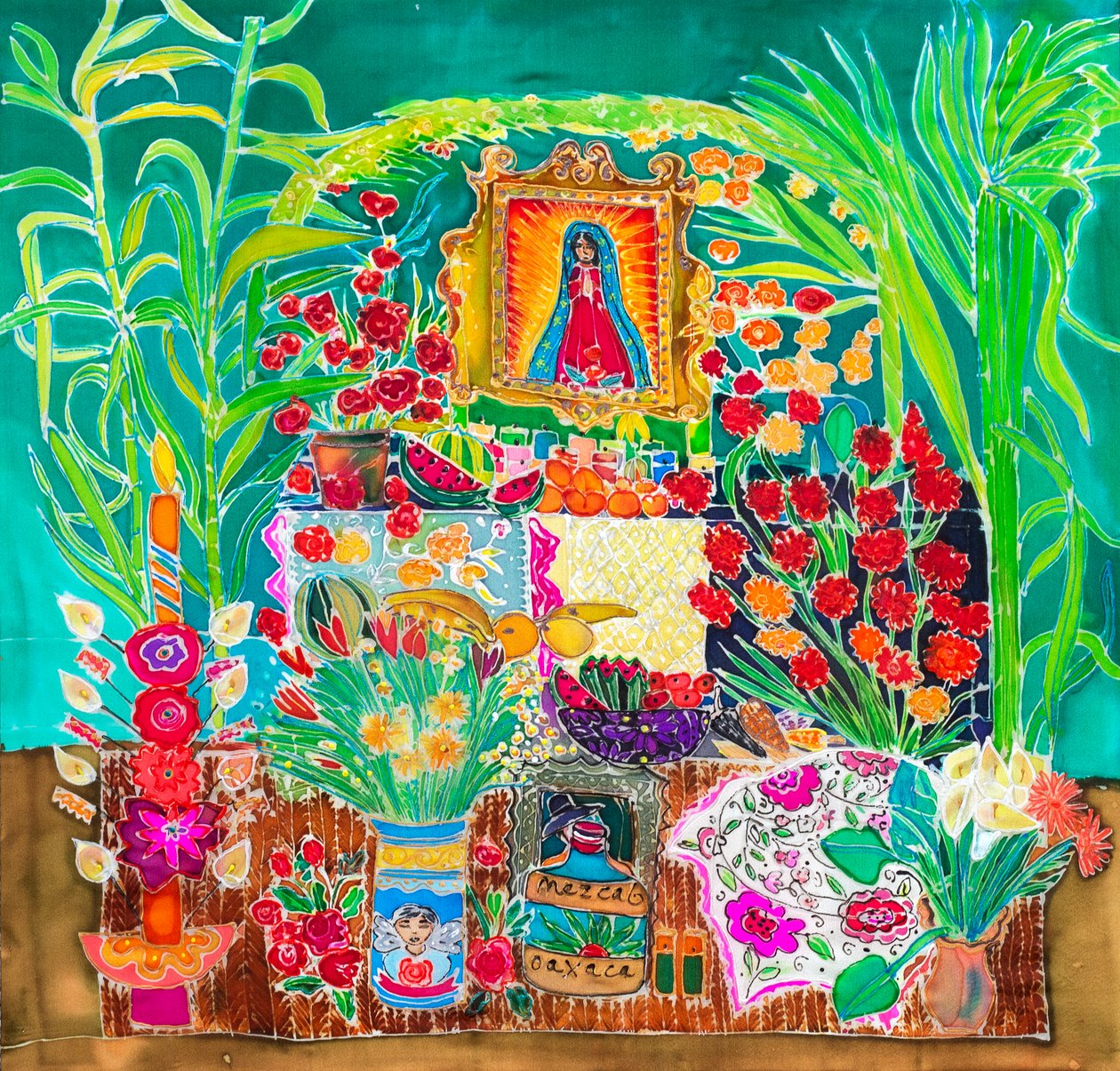 Shrine, Halottak napja, Oaxaca, 2023 (festékek selyemen) alkotó: Hilary Simon
