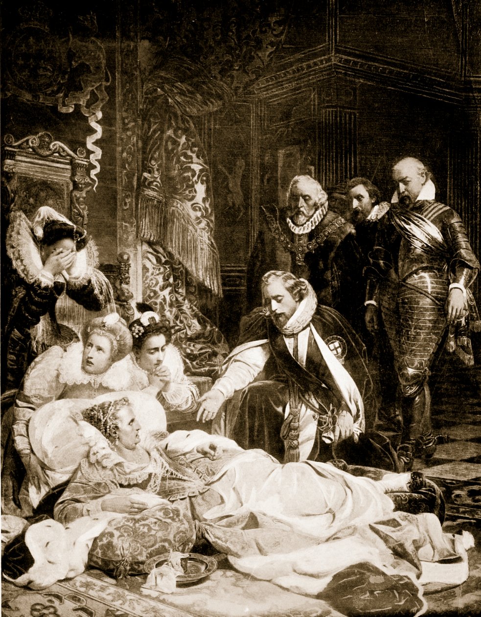 Erzsébet királynő halála, 1603. március 24., illusztráció Hutchinson "A brit nemzet története" című művéből, 1920 körül. alkotó: Hippolyte Delaroche