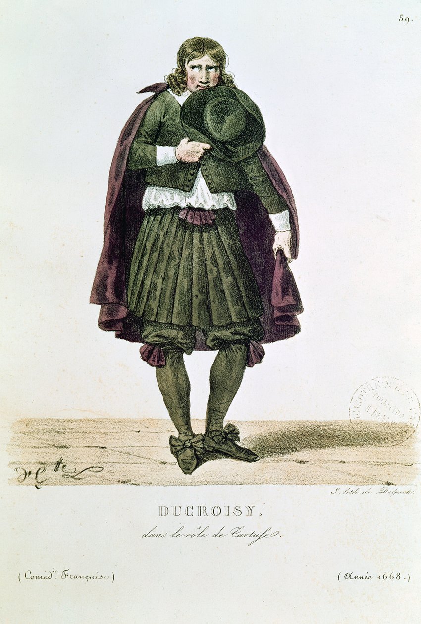 Ducroisy a Tartuffe címszerepében 1668-ban, L. Lecomte „Costumes de Theater de 1600 a 1820” című művéből, metszett: Francois Seraphin Delpech (1778-1825) alkotó: Hippolyte Lecomte