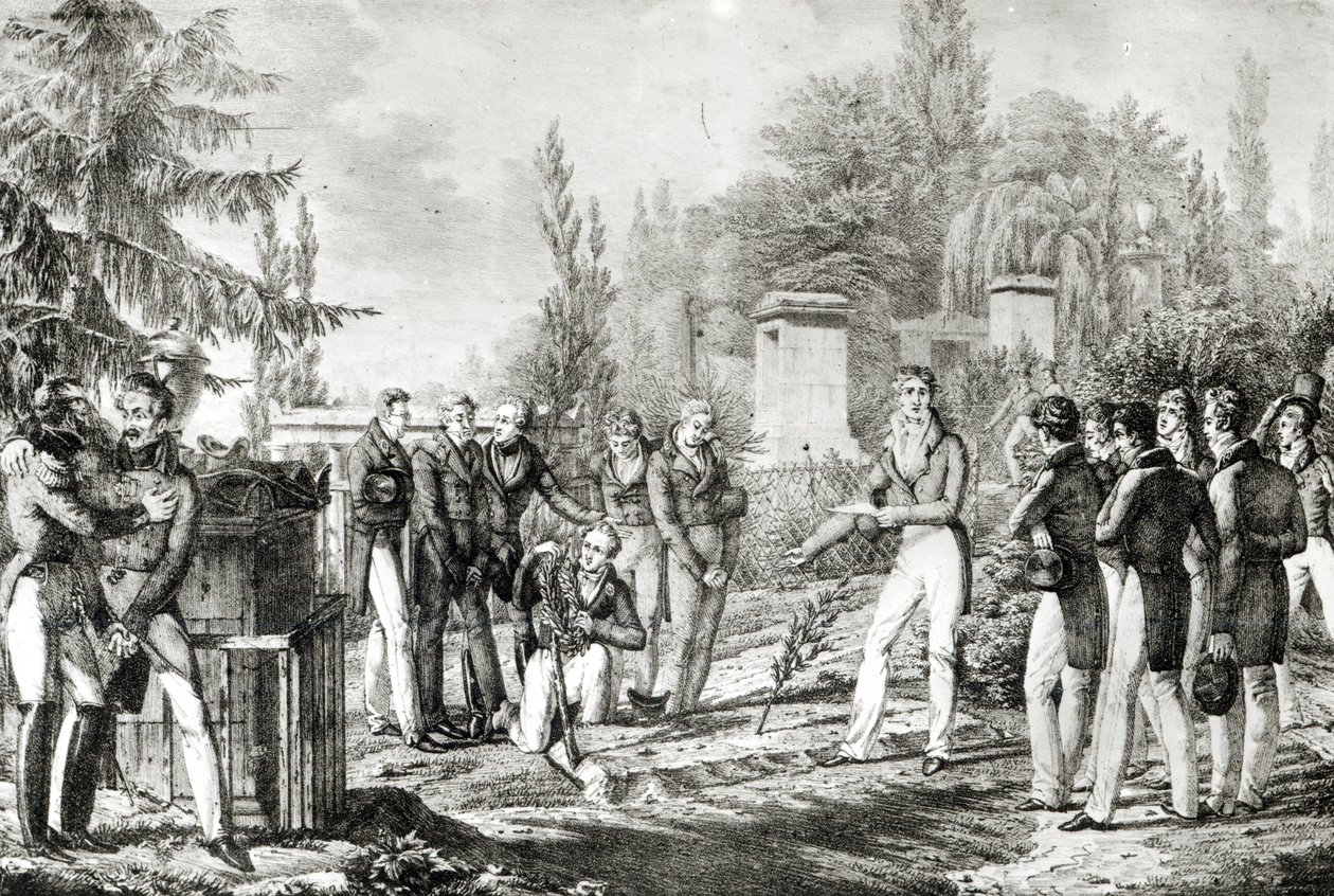 Az Ecole Polytechnique diákjai Gaspard Monge (1746-1818) sírjánál, 1818. szeptember alkotó: Hippolyte Lecomte