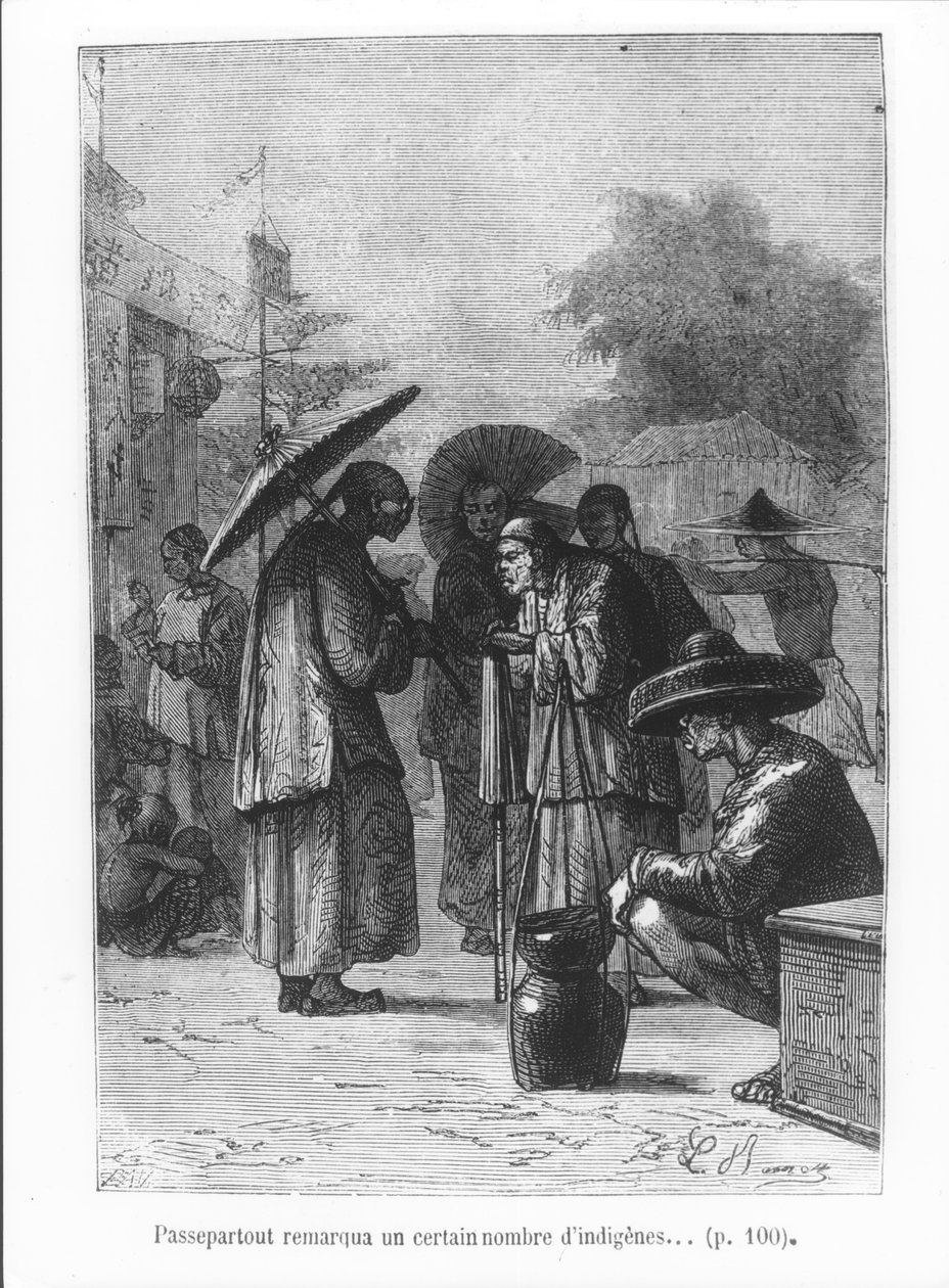 Passepartout számos bennszülöttet észlel, illusztráció Jules Verne (1828-1905) „Nyolcvan nap alatt a világ körül” című művéből, Pan metszett, 1873 alkotó: Hippolyte Leon Benett