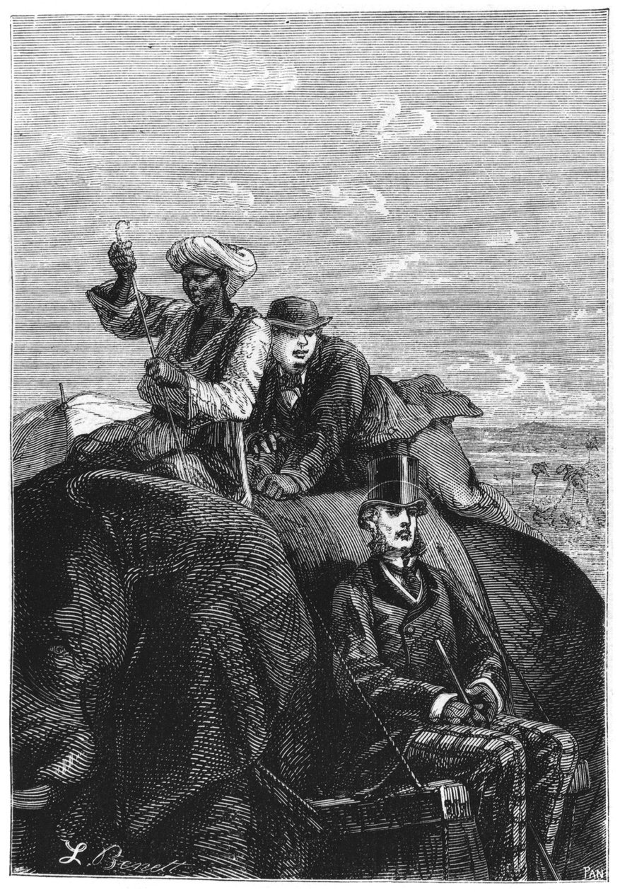 Phileas Fogg és Passepartout, Illusztráció a „Nyolcvan nap alatt a világ körül” című művéből, Jules Verne (1828-1905) 19. század végén alkotó: Hippolyte Leon Benett