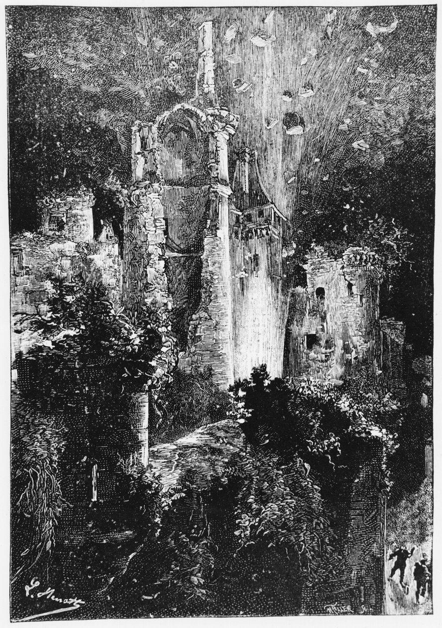 Felrobban a kastély, illusztráció Jules Verne (1828-1905) „Le Chateau des Carpathes” című művéből, Párizs, Hetzel, 1892 alkotó: Hippolyte Leon Benett