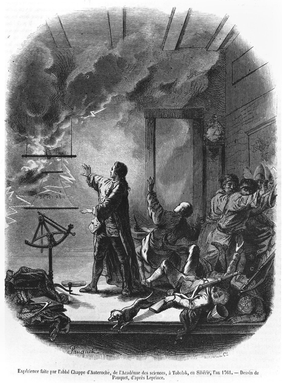 Jean Chappe dAuteroche (1722-69) Kísérletezik az elektromossággal 1761-ben, Tobolsk, Szibéria, illusztráció a Le Magasin Pittoresque-ből, 1855 (bw fotó) alkotó: Hippolyte Louis Pauquet