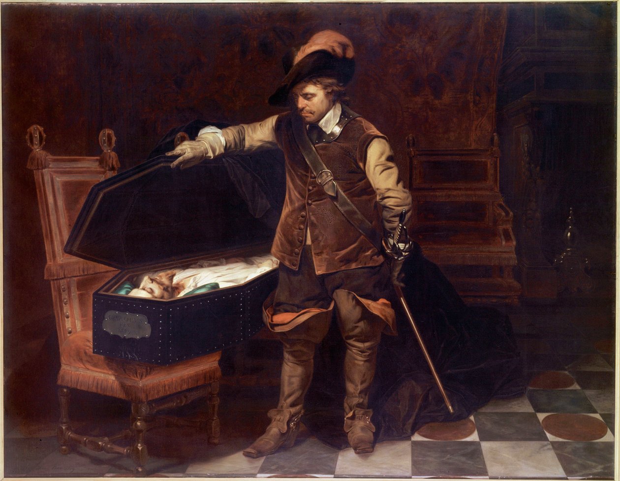 "Oliver Cromwell I. Stuart Károly koporsója előtt" (1649). Oliver Cromwell (1599-1658) bíróság elé állítja az angol királyt, akit 1649. február 9-én elítélnek és lefejeznek. Paul Delaroche (1797-1856) festménye alkotó: Hippolyte Delaroche