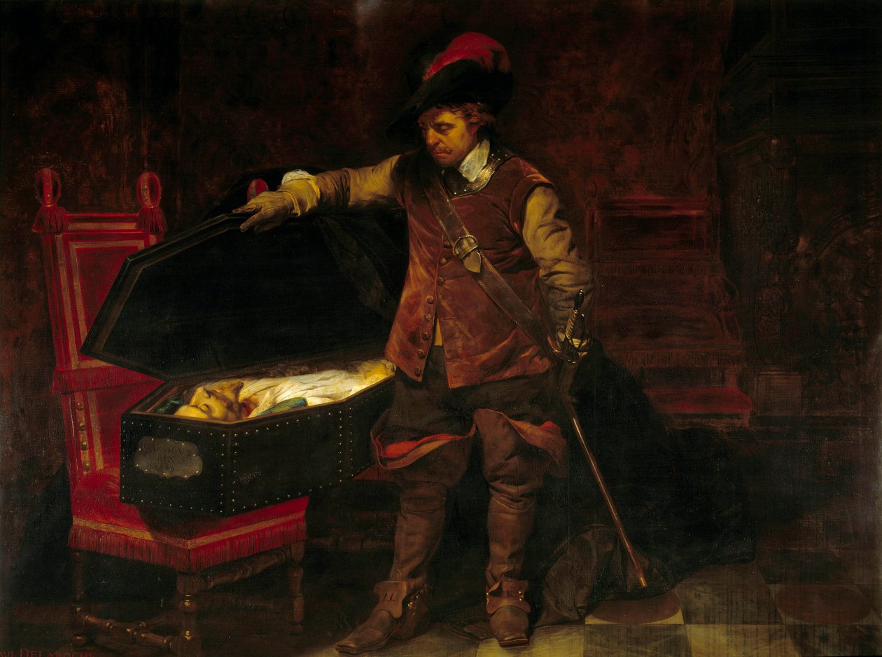 Cromwell I. Stuart Károly koporsója előtt (1649). Oliver Cromwell (1599-1658) pert indított az angol király ellen, akit február 9-én ítéltek el és ítéltek el. alkotó: Paul Delaroche