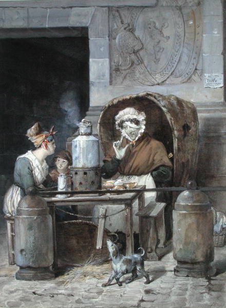 Kávéárus a Porte Saint-Denis sarkán, 1830 (wc papíron) alkotó: Hippolyte Adam