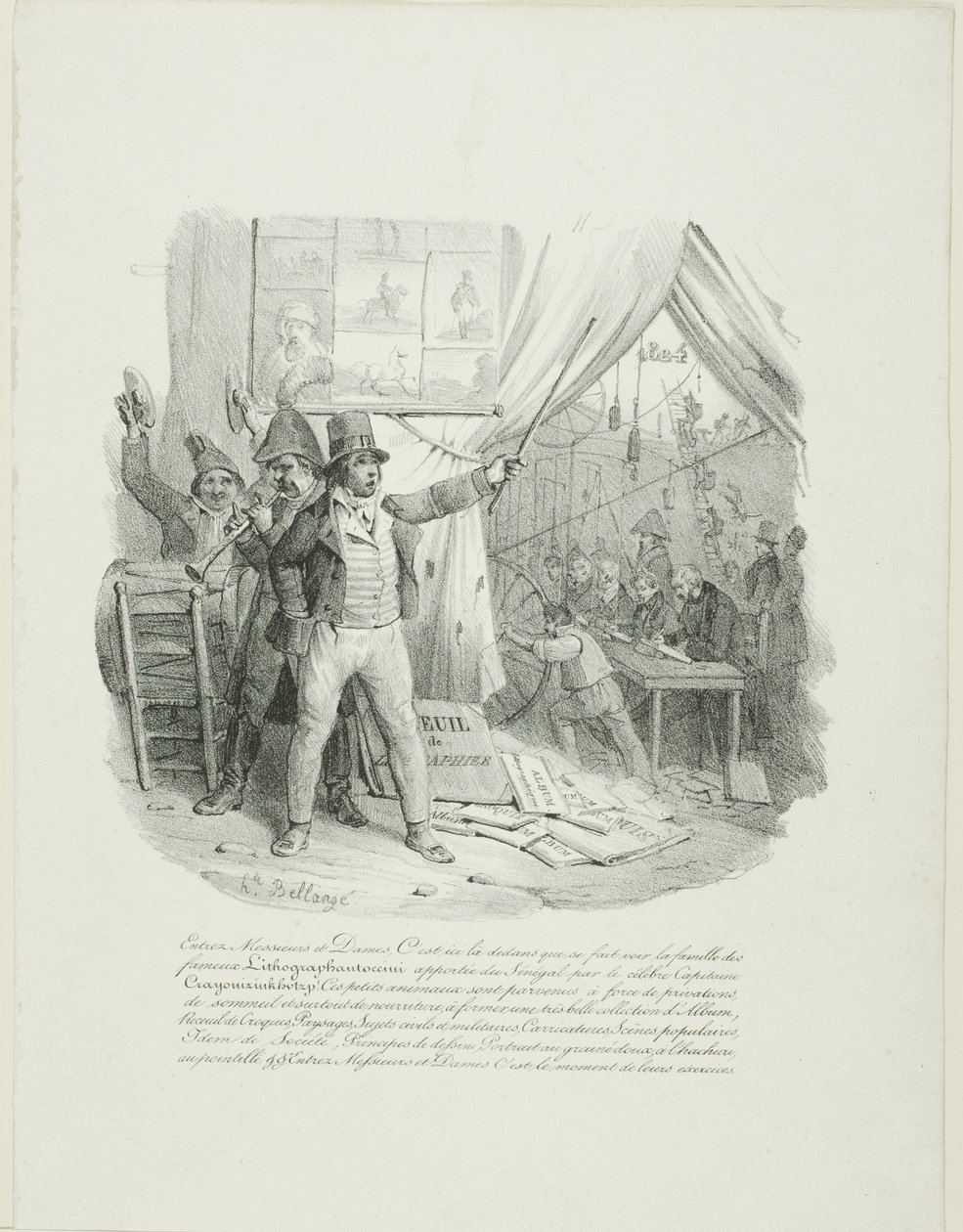 Jöjjenek be, Hölgyeim és Uraim, Belül a híres litográfiaiantoccini családot láthatják...Az "1824-es album" címlapképe. alkotó: Hippolyte Bellange