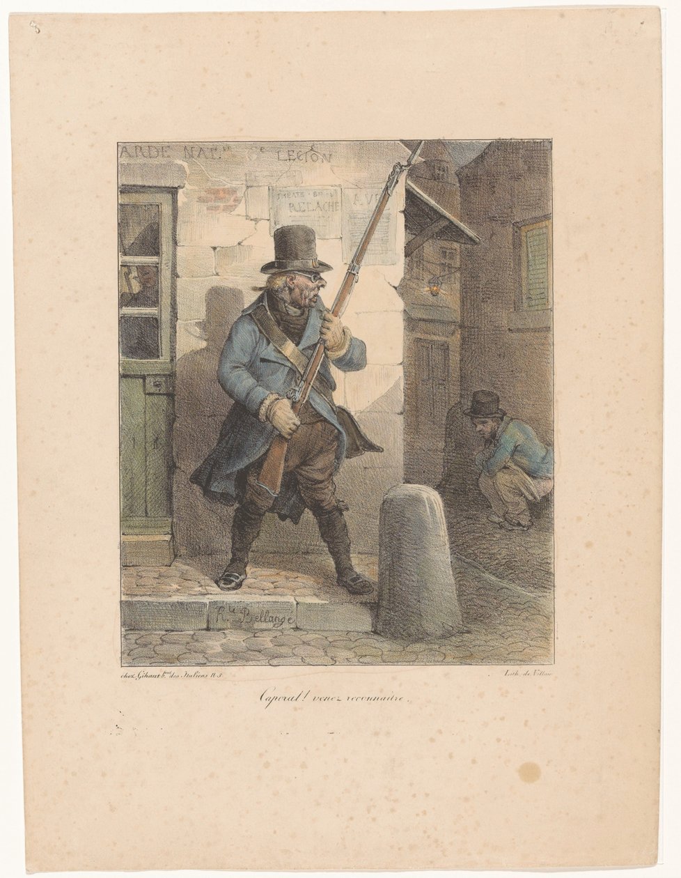 Katonai tizedest hív, aki az utcán intézi a dolgát caporal! Venez reconnaître (cím a tárgyon) Litográfiai vázlatok (sorozat címe) Croquis lithographiques (sorozat címe) alkotó: Hippolyte Bellange
