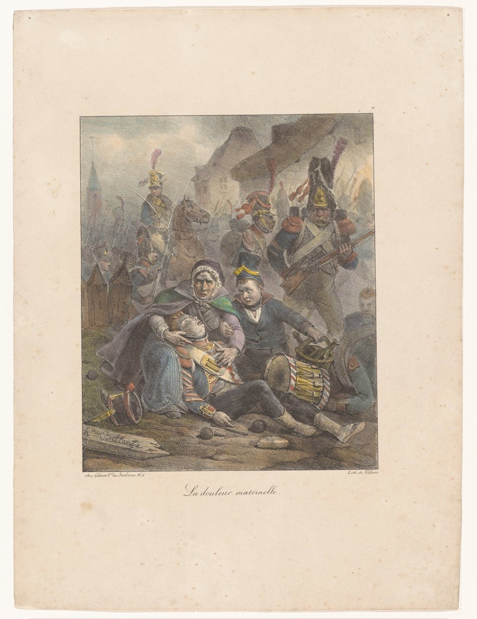 Anya gyászolja halálosan megsebesült fiát a csatatéren La douleur maternelle (cím a tárgyon) Litográfiai vázlatok (sorozat címe) Croquis lithographiques (sorozat címe) alkotó: Hippolyte Bellange