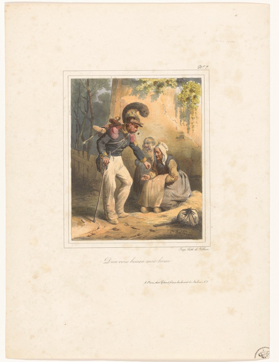 Katona ad egy kis pénzt egy szegény asszonynak Dieu vous benira mon brave (cím a tárgyon) 9. sz. litográfiai album (sorozat címe) alkotó: Hippolyte Bellange