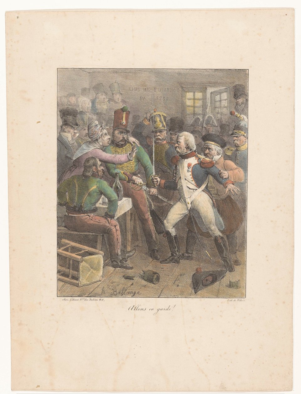 Két katona keresztezi a kardot egy kocsmában Allons en guard! (cím a tárgyon) Litográfiai vázlatok (sorozat címe) Croquis lithographiques (sorozat címe) alkotó: Hippolyte Bellange