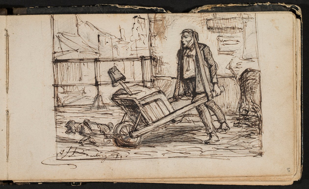 Talicskás férfi kiskutyával (egy vázlatfüzet lapja) alkotó: Hippolyte Boulenger