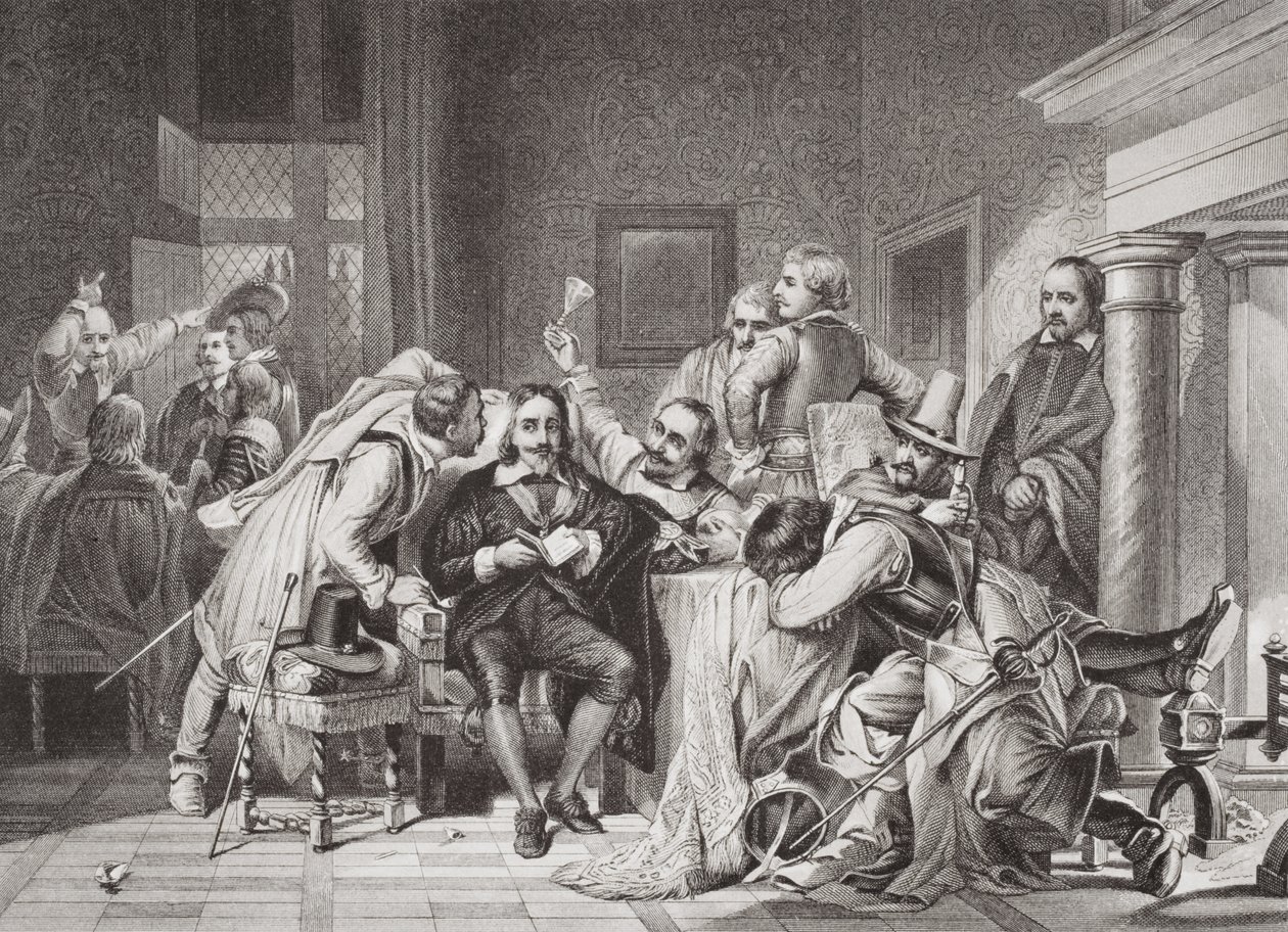 I. Károly (1600-49) az őrszobában, akit Oliver Cromwell katonái megsértettek, „Az angol és skót történelem illusztrációi” I. kötetből alkotó: Hippolyte Delaroche