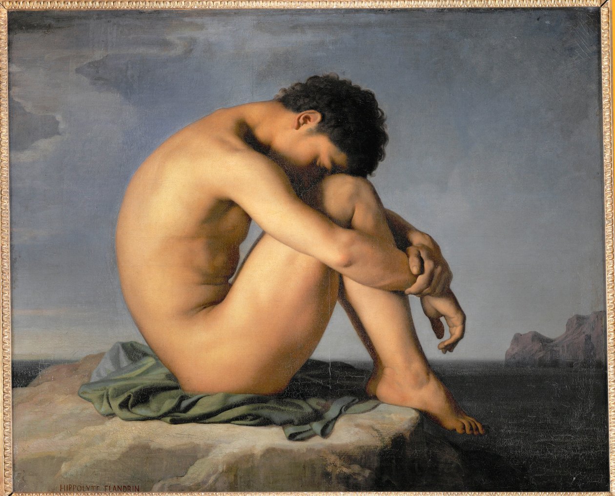 Meztelen fiatalember ül a tengerparton ... alkotó: Hippolyte Flandrin