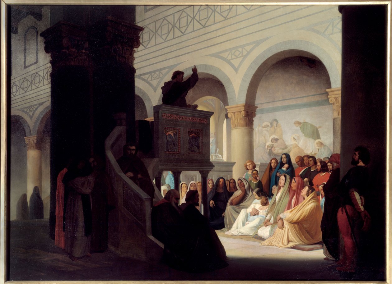 Savonarole (1452-1498) prédikátor a firenzei San Miniatóban. Jerome Savonarole, olaszul Girolamo Savonarola (1452-1498), dominikánus testvér és olasz jós, aki 1494-től 1498-ig vezeti Firenzét. Hippolyte Flandrin (1809-1864) festménye alkotó: Hippolyte Flandrin
