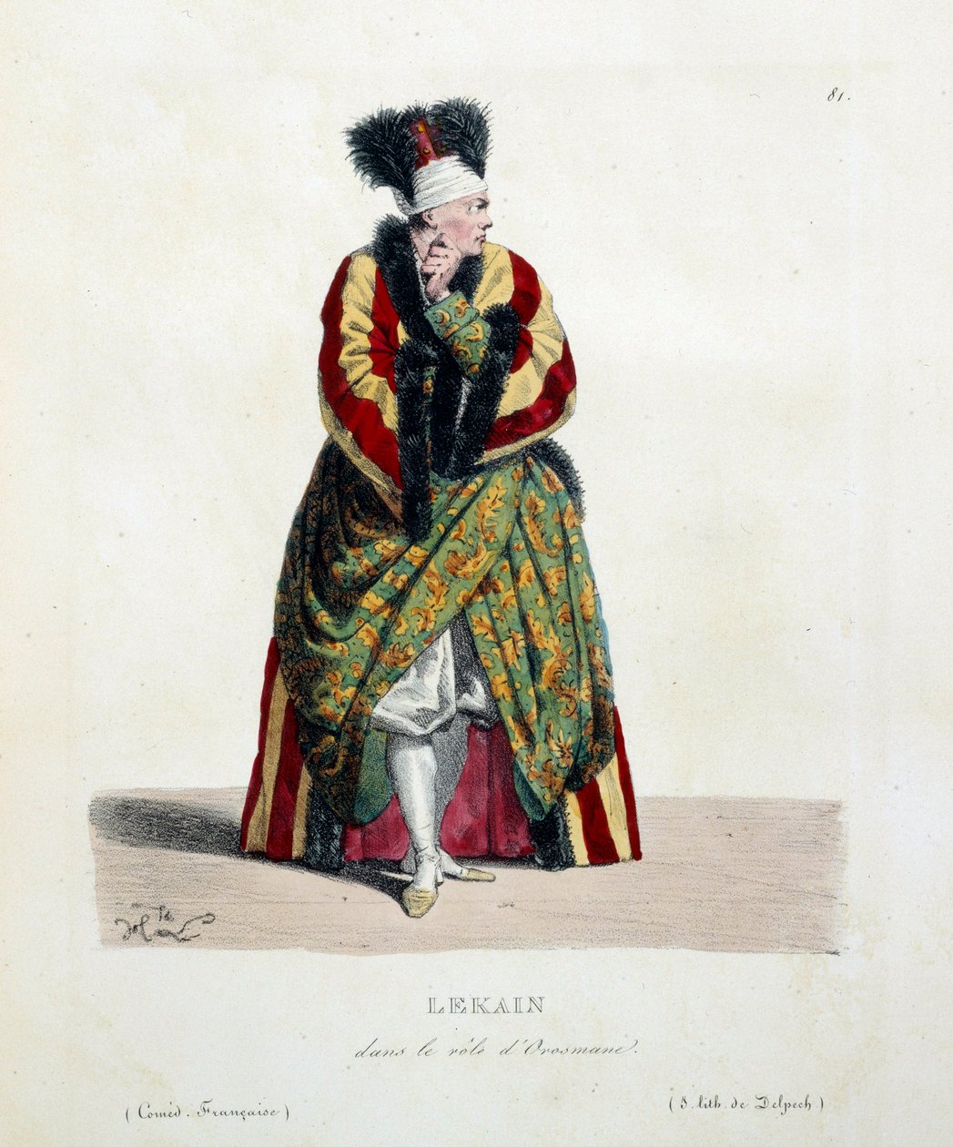 Henri Louis Cain francia színész Lekaint vagy Le Kaint (1729-1778) hívta Orosmane szerepében Voltaire Zaire (1694-1746) című drámájában a francia vígjátékban. Hippolyte Lecomte litográfiája (1781-1857) 19. századi magángyűjtemény alkotó: Hippolyte Lecomte