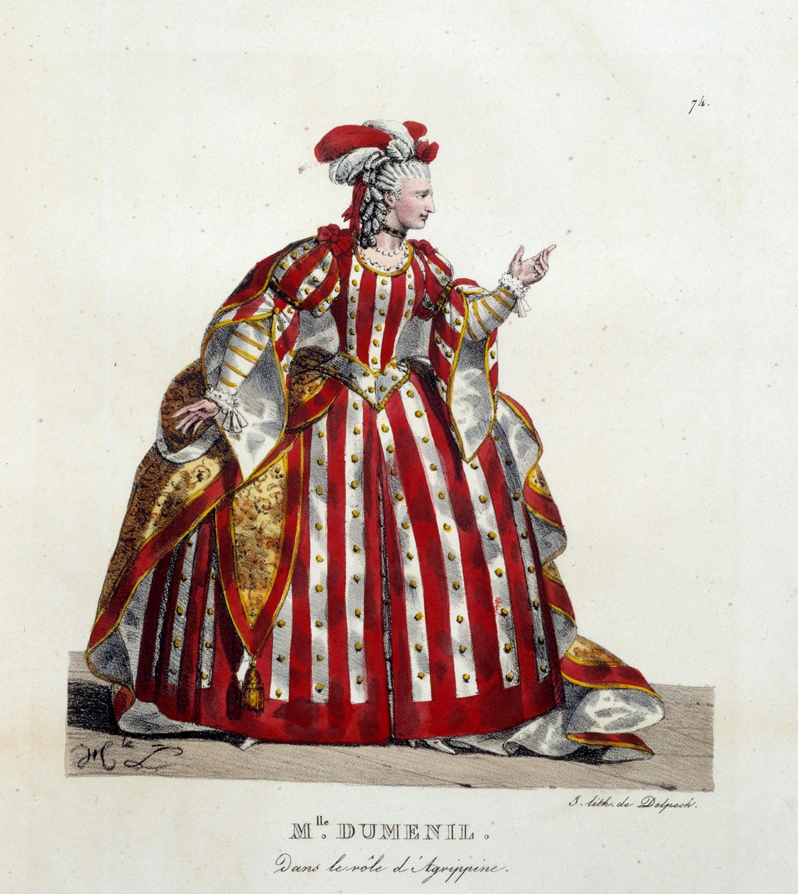 Marie Francoise Marchand francia színésznő Mademoiselle Dumesnil-t (1713-1803) hívta Agrippine szerepében Jean Racine (1639-1699) „Britannicus” című darabjában a francia vígjátékban. Hippolyte lecomte litográfiája (1781-1857). Magángyűjtemény alkotó: Hippolyte Lecomte