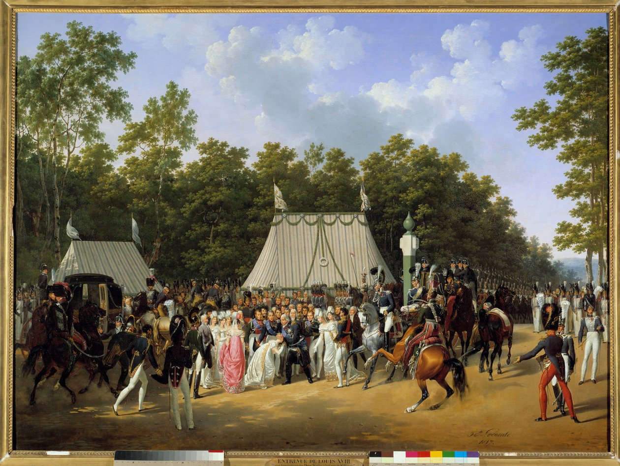XVIII. Lajos király (1755-1824) a fontainebleau-i erdőben, Saint-Herem keresztjénél fogadta Marie Caroline Fernande Louise nápolyi hercegnőt, Berry leendő hercegnőjét. alkotó: Hippolyte Lecomte
