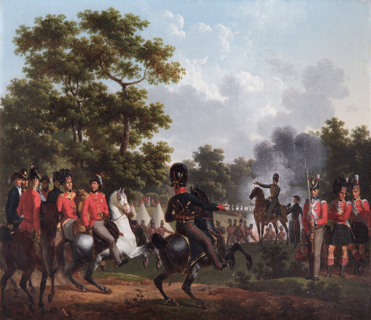 „Wellington herceg látogatása a soignes-i előőrsöknél”, 1815 alkotó: Hippolyte Lecomte