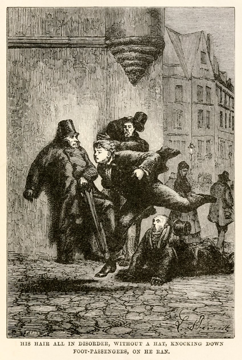 Rendetlen haja, kalap nélkül, lesújtva az utasokat, futott rajta Jules Verne (1828-1905) „Nyolcvan nap alatt a világ körül” című művéből, amelyet Louis metszett. alkotó: Hippolyte Leon (after) Benett