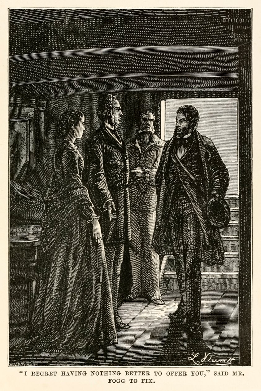 „Sajnálom, hogy nincs jobb ajánlatom” – mondta Fogg úr a Fix-nek, Jules Verne (1828-1905) című művéből, amelyet Henri-Théophile Hildebrand (1824-97) vésett a világ körül nyolcvan nap alatt. alkotó: Hippolyte Leon (after) Benett