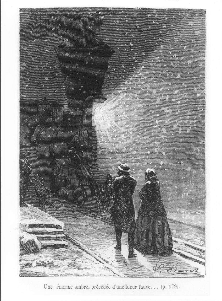 Óriási árnyék, éles fény előtt, illusztráció Jules Verne (1828-1905) „Nyolcvan nap alatt a világ körül” című művéből, Pan metszett, 1873 alkotó: Hippolyte Leon Benett