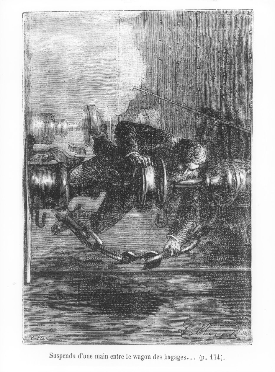 Fél kézzel kapaszkodik a poggyászkocsi között, illusztráció Jules Verne (1828-1905) "Nyolcvan nap alatt a Föld körül" című művéből, metszette P. Louis, 1873. alkotó: Hippolyte Leon Benett