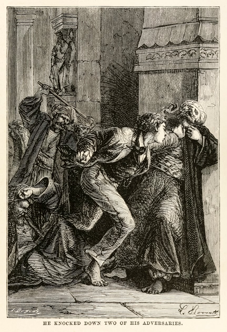 Leütötte két ellenfelét, Jules Verne (1828-1905) A világ nyolcvan nap alatt című művéből, Louis Dumont (sz. 1822) metszetéből, 1873. alkotó: Hippolyte Leon Benett