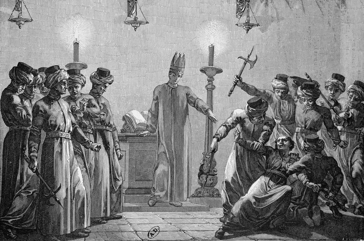 A dánok által elkövetett rituális gyilkosság a mormon ellenfelek állítása szerint, David rajzolta és A. Gusmand metszete alkotó: Hippolyte Leon Benett