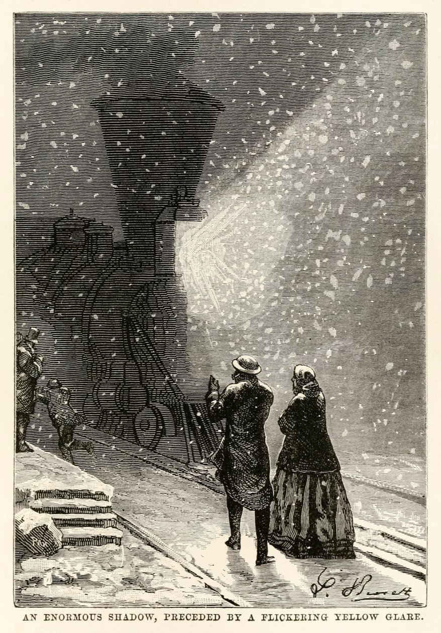 Hatalmas árnyék, előtte villogó sárga csillogás, Jules Verne (1828-1905) nyolcvan nap alatt a világ körül című művéből, amelyet Adolphe François Pannemaker (1822-1900) vésett, 1873 alkotó: Hippolyte Leon after Benett