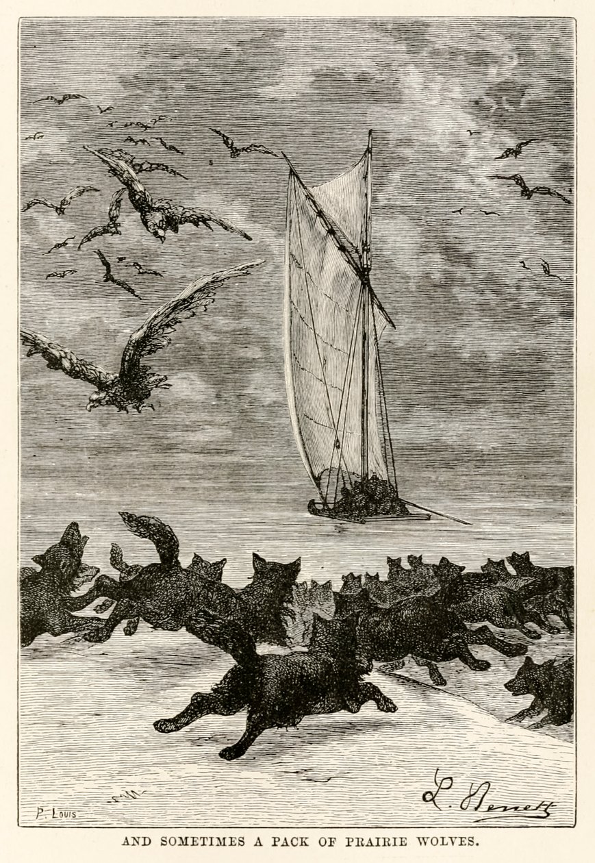 És néha egy falka prérifarkas, Jules Verne (1828-1905) nyolcvan nap alatt a világ körül című művéből, amelyet Louis metszett, 1873 alkotó: Hippolyte Leon after Benett