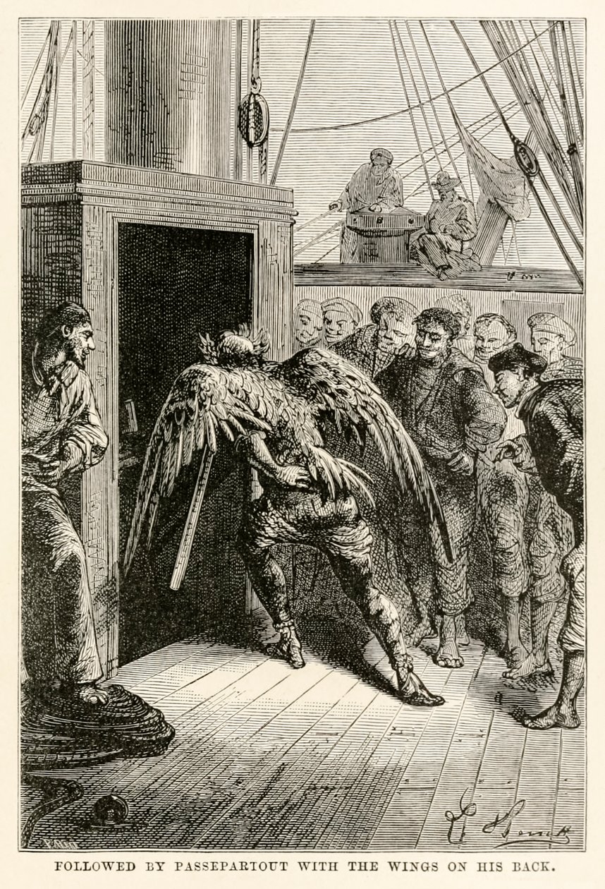 Ezt követi a Passepartout szárnyakkal a hátán, Jules Verne (1828-1905) nyolcvan nap alatt a világ körül című alkotásából, Adolphe François Pannemaker (1822-1900) metszete, 1873 alkotó: Hippolyte Leon after Benett