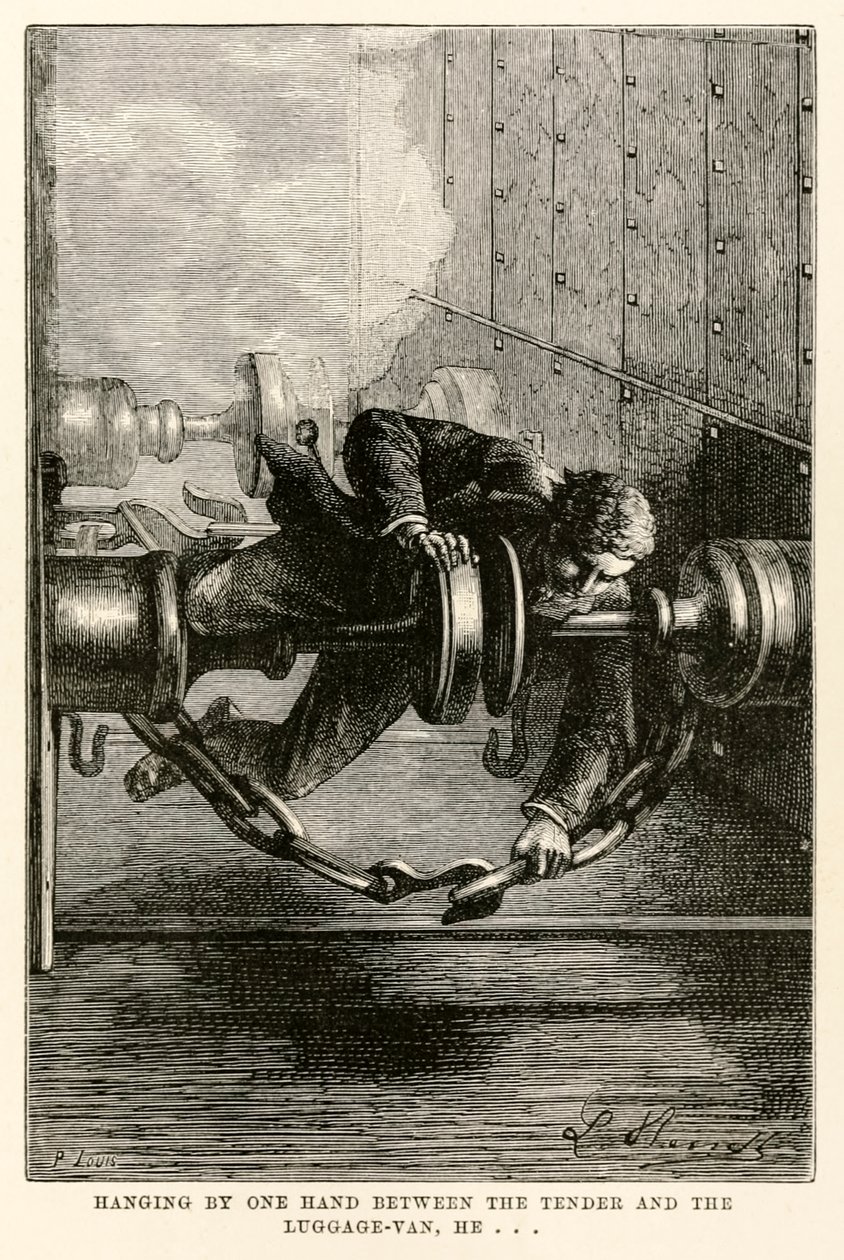 Egy kézzel lógott a csomag és a csomagszállító között, ő... Nyolcvan nap alatt a világ körül című művéből Jules Verne (1828-1905) Louis által metszett, 1873 alkotó: Hippolyte Leon after Benett