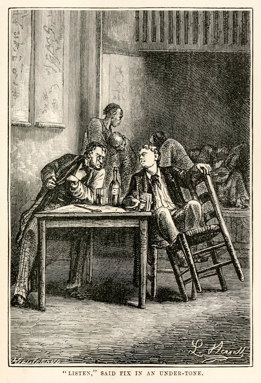 Figyelj, mondta Fix aljas hangon, Jules Verne (1828-1905) nyolcvan nap alatt a világ körül című művéből, amelyet Henri-Théophile Hildebrand (1824-97) vésett, 1873 alkotó: Hippolyte Leon after Benett