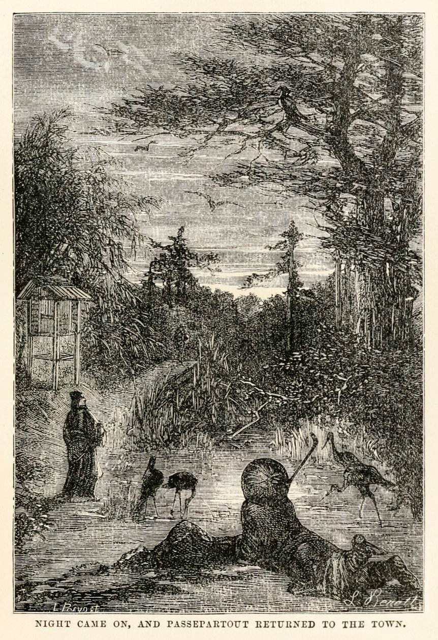 Eljött az éjszaka, és Passepartout visszatért a városba Jules Verne (1828-1905) nyolcvan nap alatt a világ körül című művéből, amelyet Louis Prevost metszett, 1873. alkotó: Hippolyte Leon after Benett