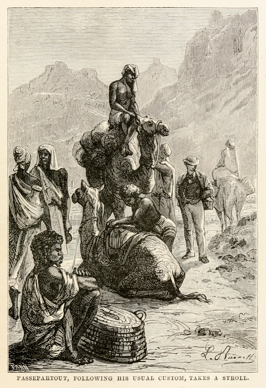 A Passepartout, szokásos szokása szerint, sétát tesz Jules Verne (1828-1905) Nyolcvan nap alatt a világ körül című művéből, amelyet Adolphe François Pannemaker (1822-1900) metszett, 1873 alkotó: Hippolyte Leon after Benett