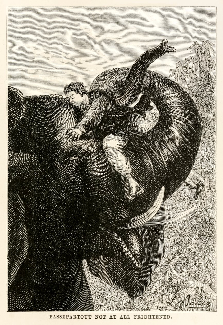 Passepartout egyáltalán nem ijedt meg, Jules Verne (1828-1905) A világ körül nyolcvan nap alatt című filmből, 1873 alkotó: Hippolyte Leon after Benett