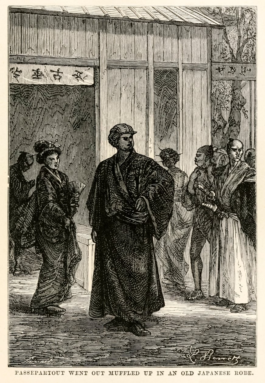 A Passepartout egy régi japán köntösben tompítva ment ki, Jules Verne (1828-1905) nyolcvan nap alatt a világ körül című művéből, Louis Prevost metszetében, 1873 alkotó: Hippolyte Leon after Benett