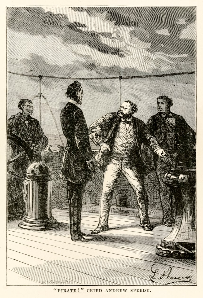 Kalóz! – kiáltott fel Andrew Speedy., Jules Verne (1828-1905) Nyolcvan nap alatt a világ körül című művéből, Louis Dumont (sz. 1822) metszete 1873. alkotó: Hippolyte Leon after Benett