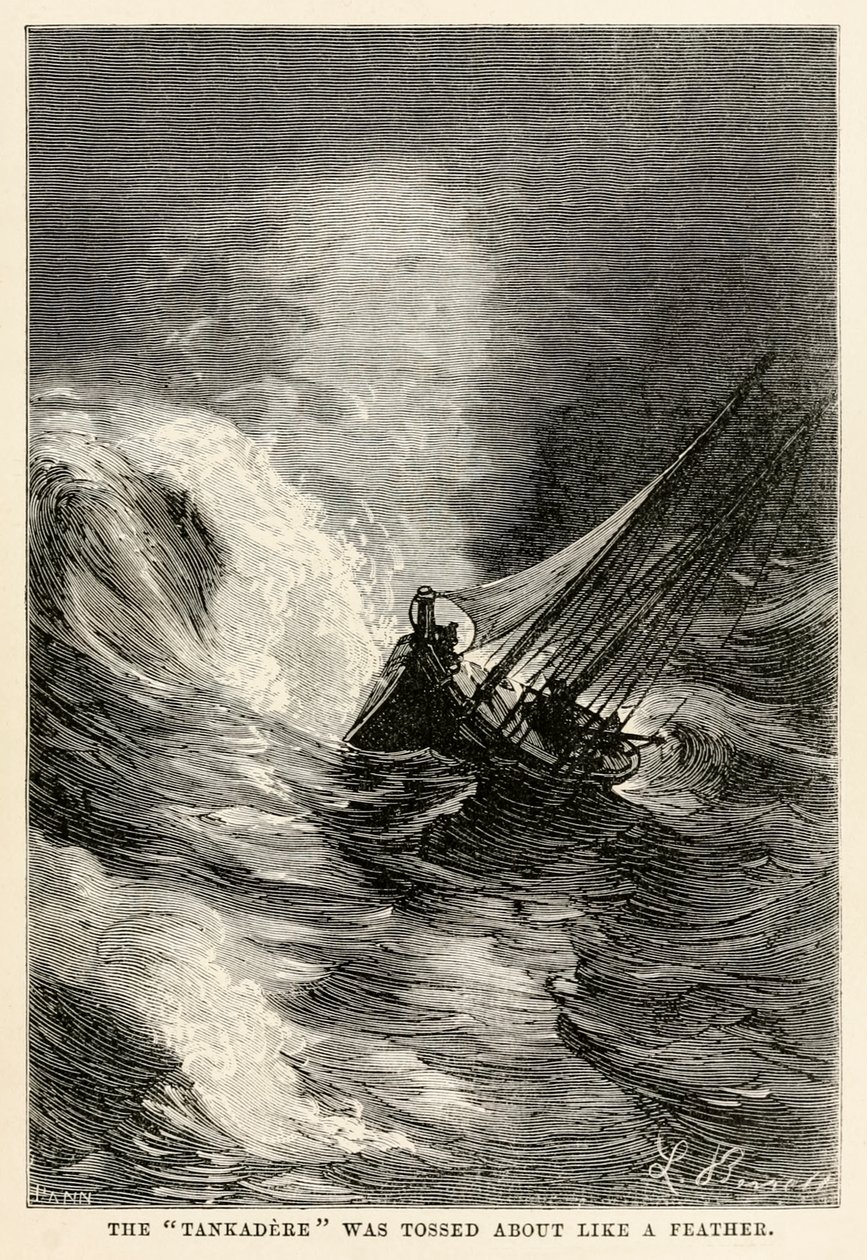 A Tankadere-t mint egy tollat dobálták, Jules Verne (1828-1905) Nyolcvan nap alatt a világ körül című művéből, Adolphe François Pannemaker (1822-1900) metszetéből, 1873 alkotó: Hippolyte Leon after Benett