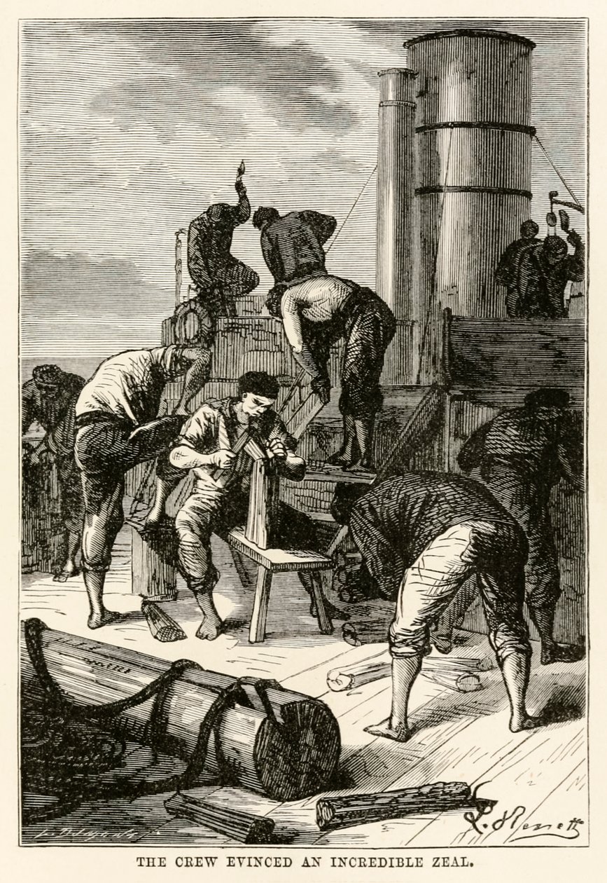 A legénység hihetetlen lelkesedésről tett tanúbizonyságot Jules Verne (1828-1905) nyolcvan nap alatt a világ körül című művéből, amelyet Louis Dumont (sz. 1822) metszett, 1873 alkotó: Hippolyte Leon after Benett