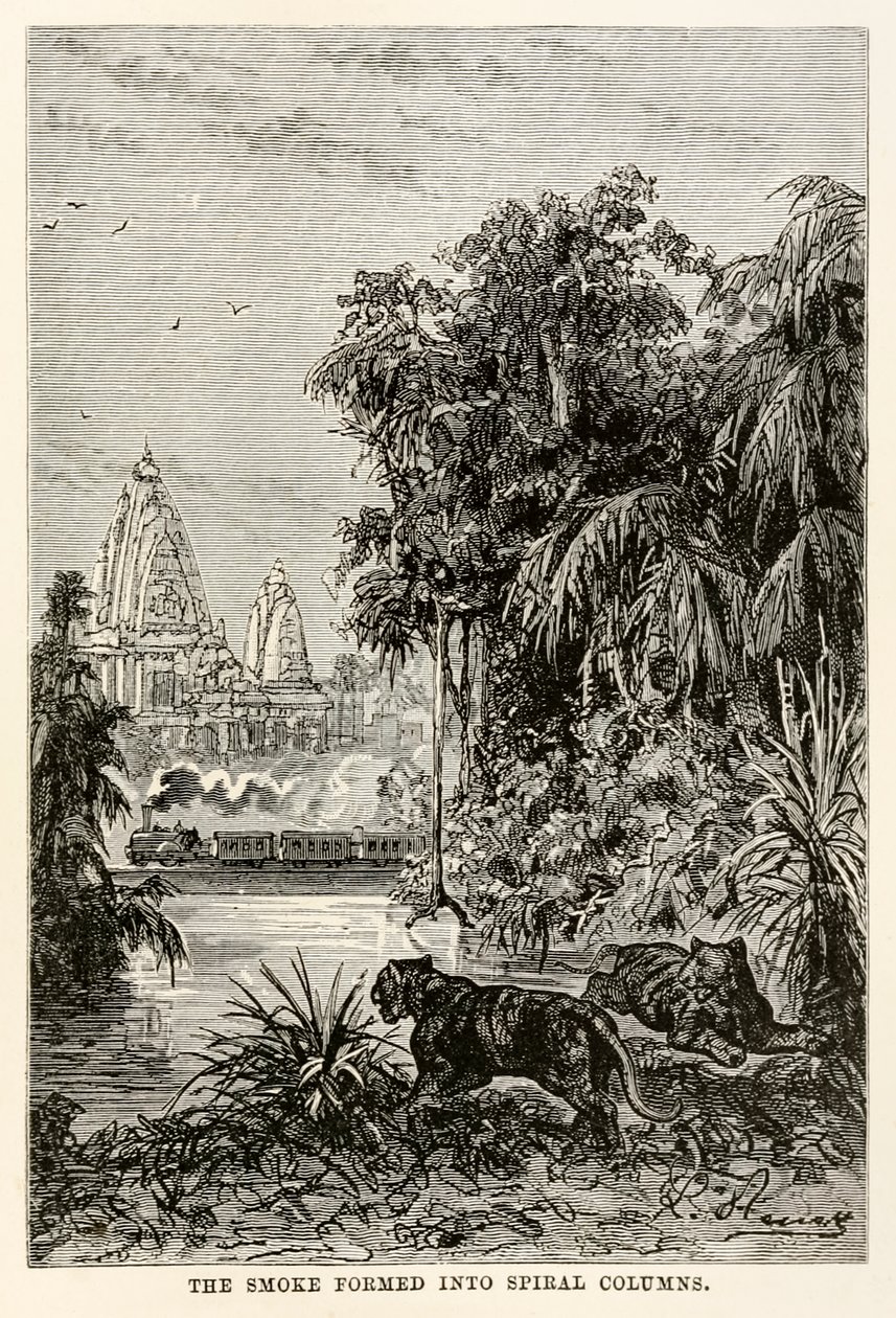 A füst spirális oszlopokká formálódott, Jules Verne (1828-1905) nyolcvan nap alatt a világ körül című művéből, 1873 alkotó: Hippolyte Leon after Benett