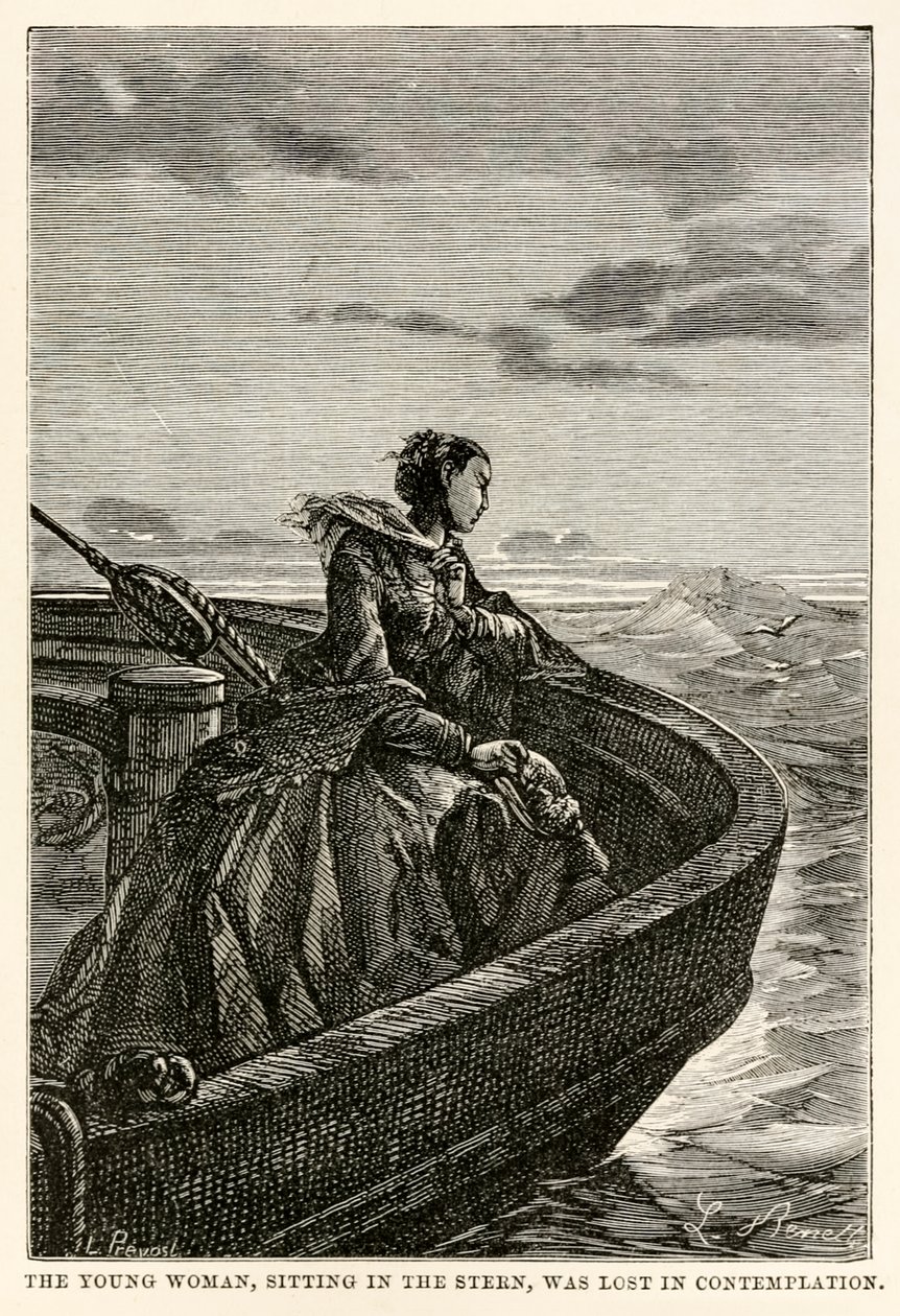 A tatban ülő fiatal nő elmerült a szemlélődésben, Jules Verne (1828-1905) Nyolcvan nap alatt a világ körül című művéből, Jean Louis Prevost metszetéből (1790-1850), 1873 alkotó: Hippolyte Leon after Benett