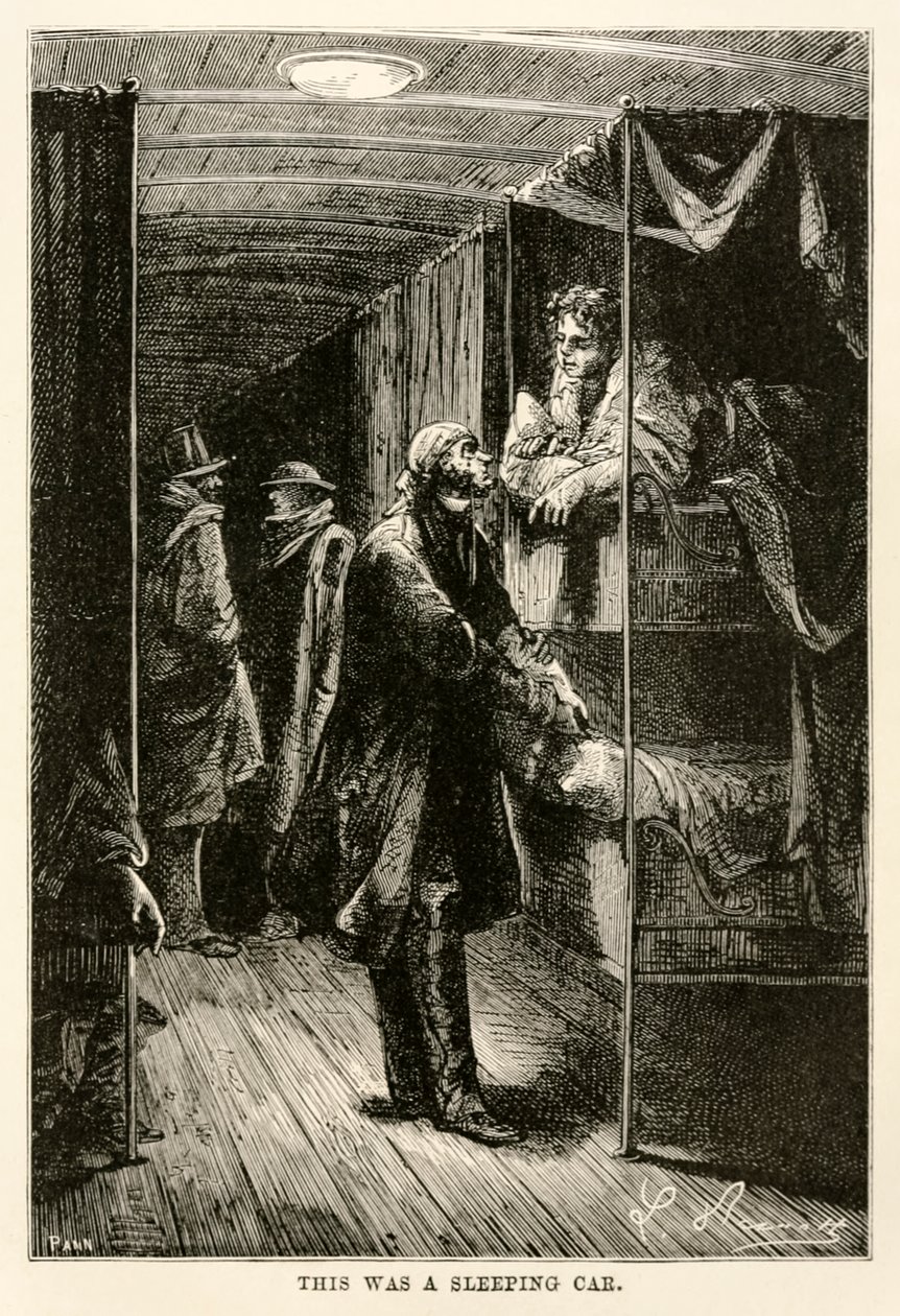 Ez egy hálókocsi volt, Jules Verne (1828-1905) nyolcvan nap alatt a világ körül című művéből, amelyet Adolphe François Pannemaker (1822-1900) metszett, 1873 alkotó: Hippolyte Leon after Benett