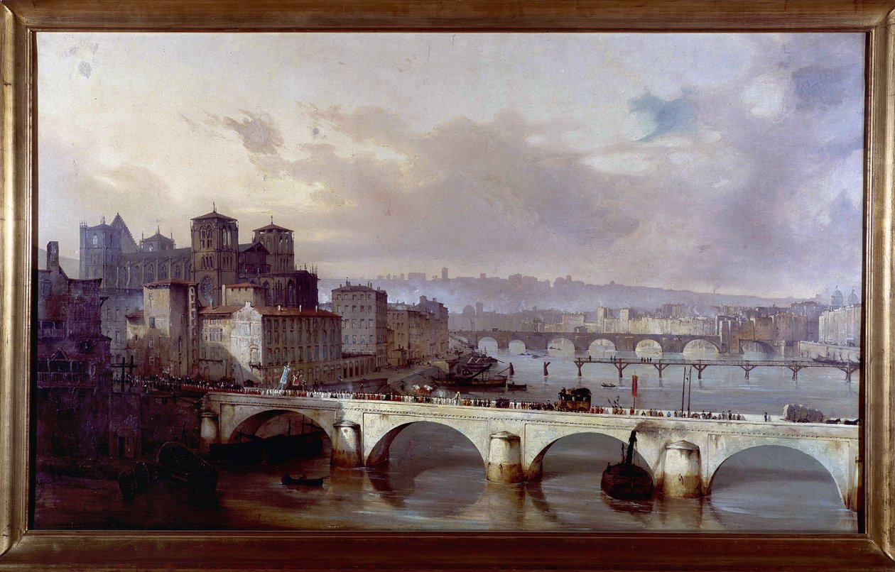 Felvonulás a lyoni érseki hídon - Hyppolyte Leymarie festménye, 1835-1840 körül, lyoni Gadagne Múzeum. alkotó: Hippolyte Leymarie